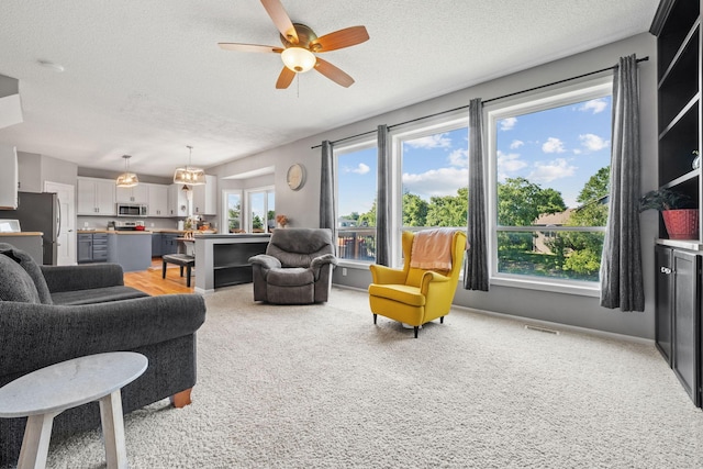 2418 Thrush St, Shakopee, MN 55379 - living area with a textured ceiling, light carpet, and ceiling fan