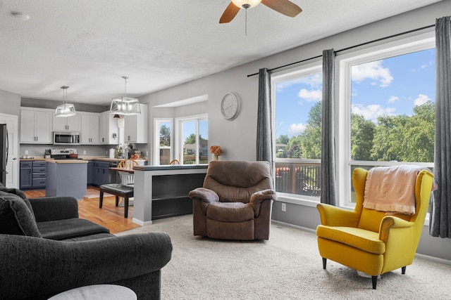 2418 Thrush St, Shakopee, MN 55379 - living area with a textured ceiling, ceiling fan, and light carpet