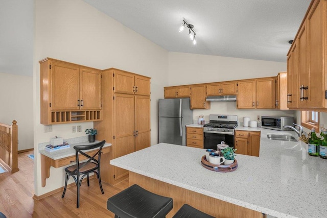 2824 92nd Cres N, Brooklyn Park, MN 55443 - kitchen featuring appliances with stainless steel finishes, a peninsula, under cabinet range hood, light wood-style flooring, and high vaulted ceiling