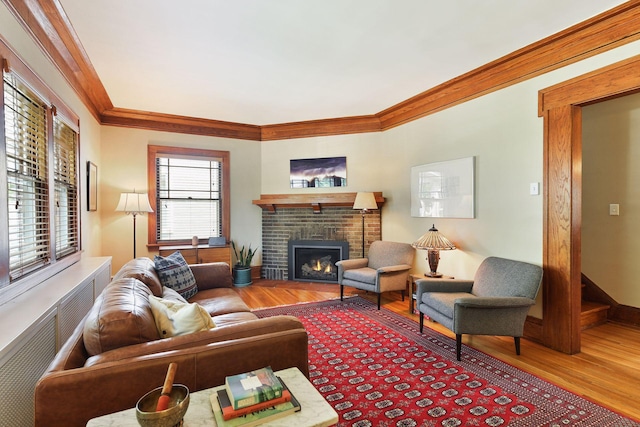 3343 Humboldt Ave S, Minneapolis, MN 55408 - living area featuring wood finished floors, ornamental molding, a fireplace, and radiator heating unit