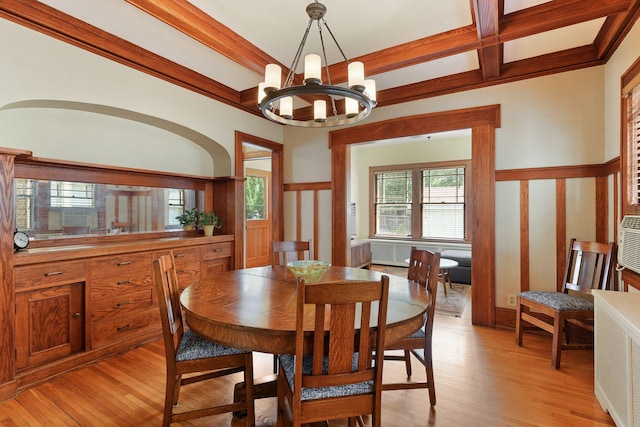 3343 Humboldt Ave S, Minneapolis, MN 55408 - dining room with coffered ceiling, a chandelier, light wood-type flooring, and beamed ceiling