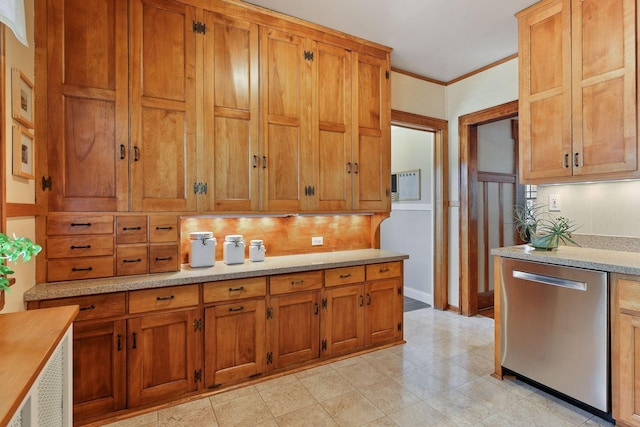 3343 Humboldt Ave S, Minneapolis, MN 55408 - kitchen featuring dishwasher, backsplash, brown cabinets, ornamental molding, and light stone counters