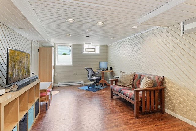 3343 Humboldt Ave S, Minneapolis, MN 55408 - living area featuring baseboard heating, wood finished floors, wood walls, a desk, and recessed lighting