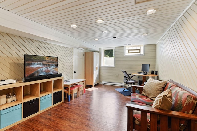 3343 Humboldt Ave S, Minneapolis, MN 55408 - home office with a baseboard heating unit, wooden walls, dark wood finished floors, and recessed lighting