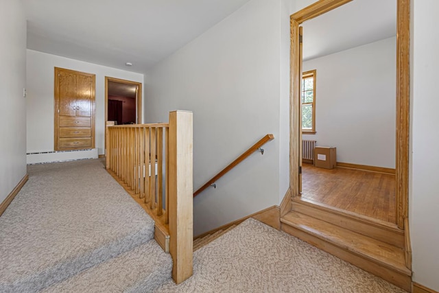 440 6th St, Lafayette, MN 56054 - staircase with radiator heating unit, carpet, a baseboard radiator, and wood finished floors