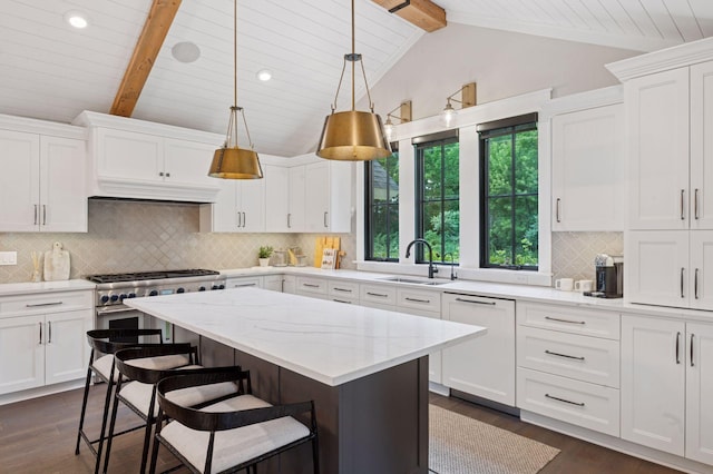 5815 Howards Point Rd, Shorewood, MN 55331 - kitchen featuring dishwasher, dark wood-style floors, high end stainless steel range, white cabinets, and wood ceiling