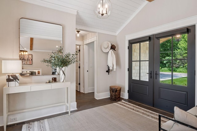 5815 Howards Point Rd, Shorewood, MN 55331 - foyer with vaulted ceiling, a chandelier, french doors, wood finished floors, and wooden ceiling