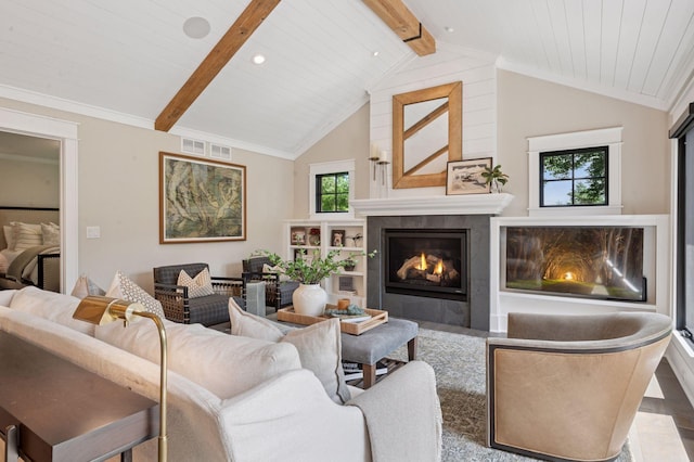 5815 Howards Point Rd, Shorewood, MN 55331 - living room with a tiled fireplace, healthy amount of natural light, wood ceiling, and recessed lighting
