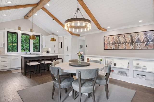 5815 Howards Point Rd, Shorewood, MN 55331 - dining space featuring dark wood finished floors, a chandelier, recessed lighting, and wood ceiling