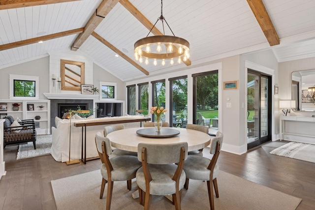5815 Howards Point Rd, Shorewood, MN 55331 - dining room with wood-type flooring, a chandelier, a glass covered fireplace, plenty of natural light, and wood ceiling
