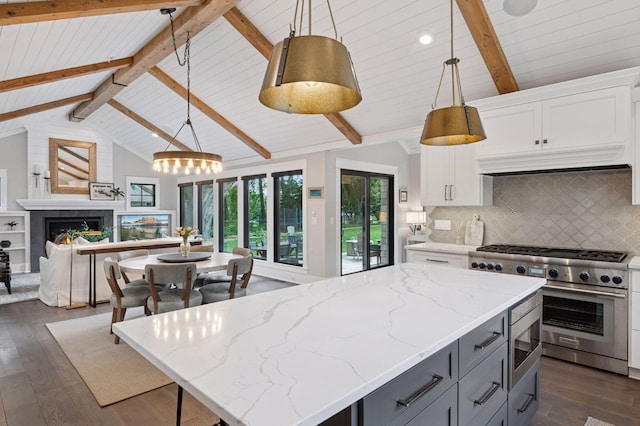 5815 Howards Point Rd, Shorewood, MN 55331 - kitchen featuring stainless steel appliances, gray cabinetry, open floor plan, white cabinets, and dark wood-type flooring