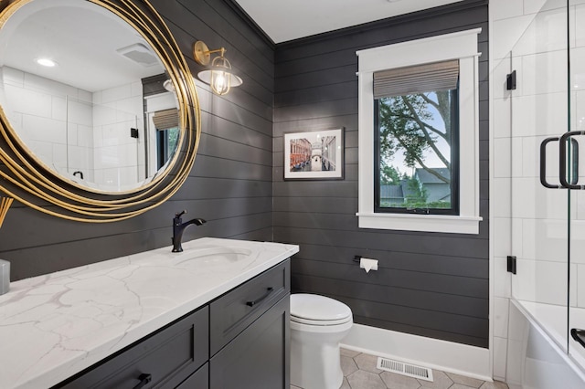 5815 Howards Point Rd, Shorewood, MN 55331 - bathroom featuring vanity, tile patterned floors, enclosed tub / shower combo, and wood walls