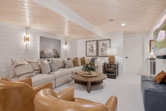 5815 Howards Point Rd, Shorewood, MN 55331 - living area featuring wooden ceiling, ornamental molding, carpet flooring, and wooden walls