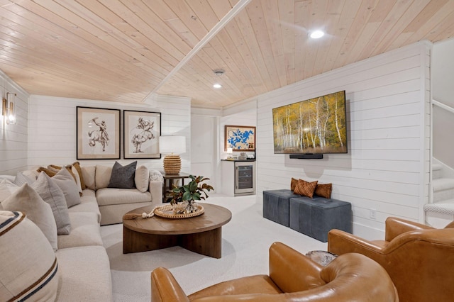 5815 Howards Point Rd, Shorewood, MN 55331 - living area featuring wine cooler, wood ceiling, wood walls, stairs, and carpet flooring