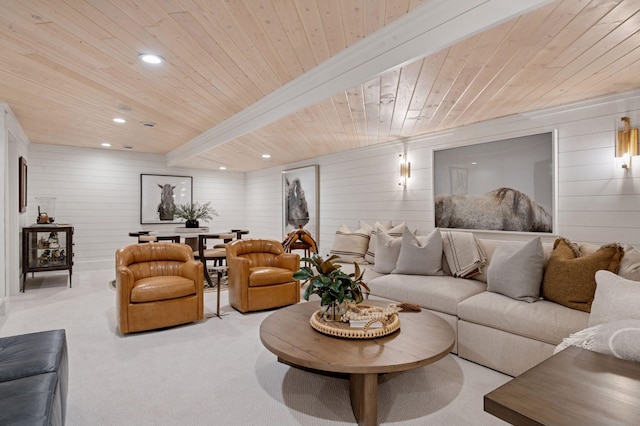 5815 Howards Point Rd, Shorewood, MN 55331 - carpeted living room with wood ceiling, wood walls, and recessed lighting