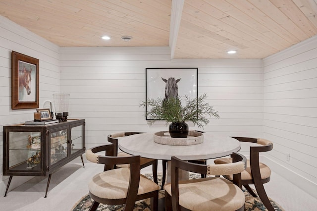 5815 Howards Point Rd, Shorewood, MN 55331 - carpeted dining room featuring wood ceiling, wood walls, and recessed lighting