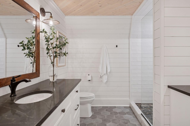 5815 Howards Point Rd, Shorewood, MN 55331 - full bath featuring wood ceiling, vanity, tile patterned floors, a tile shower, and wood walls