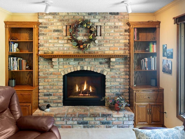 461 Dudley Ave, Shoreview, MN 55126 - living area with a fireplace, crown molding, and a textured ceiling