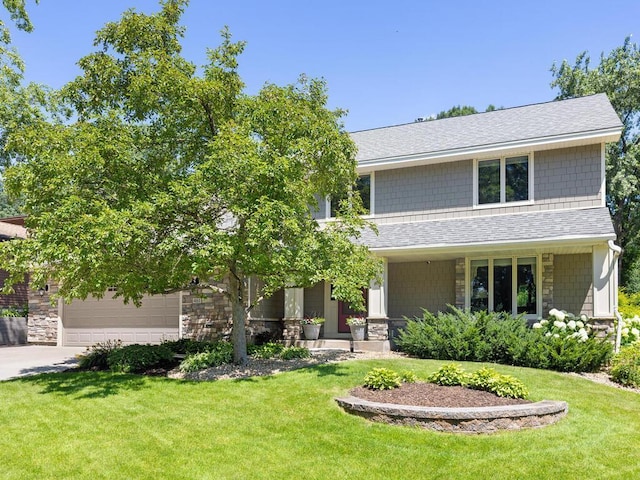 461 Dudley Ave, Shoreview, MN 55126 - view of front of house featuring a front lawn, roof with shingles, a garage, driveway, and covered porch