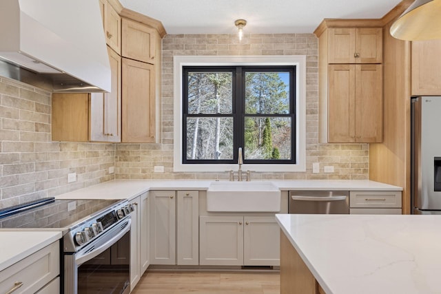 987 Island Lake Ave, Shoreview, MN 55126 - kitchen featuring range hood, stainless steel appliances, tasteful backsplash, light wood-style floors, and light stone counters
