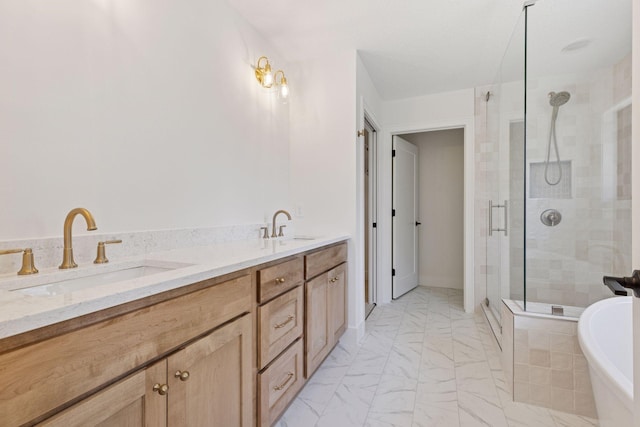 987 Island Lake Ave, Shoreview, MN 55126 - full bath featuring a shower stall, a soaking tub, marble finish flooring, and double vanity