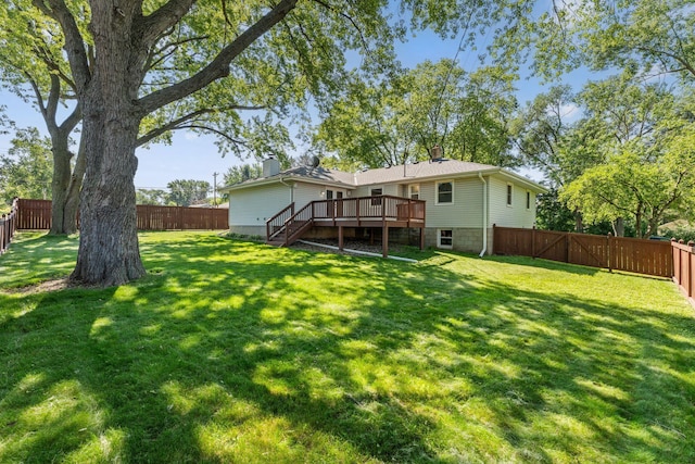 1111 Edgewater Ave, Arden Hills, MN 55112 - rear view of house featuring a fenced backyard, a wooden deck, a chimney, and stairs