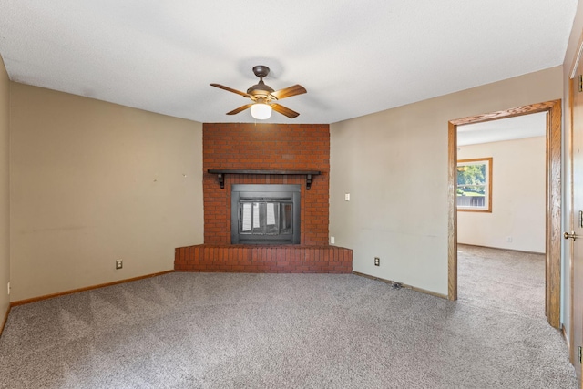 1111 Edgewater Ave, Arden Hills, MN 55112 - unfurnished living room with carpet, a ceiling fan, and a brick fireplace