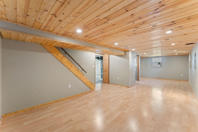 1111 Edgewater Ave, Arden Hills, MN 55112 - below grade area with recessed lighting, light wood-type flooring, wood ceiling, and stairway