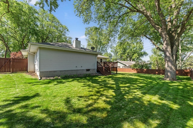 1111 Edgewater Ave, Arden Hills, MN 55112 - back of house with a fenced backyard, a chimney, a deck, and stairway