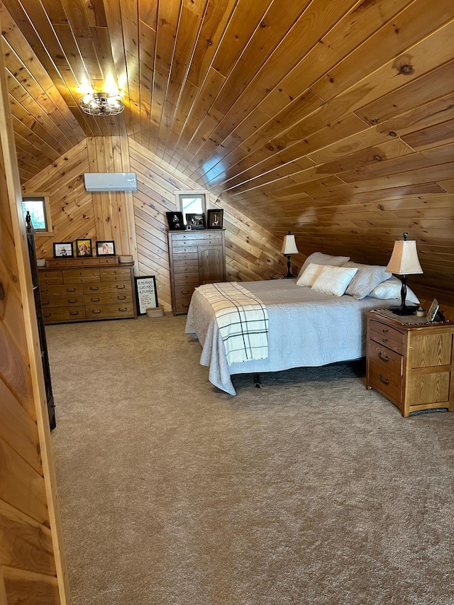 1415 Riverside Dr NW Unit 1415, Baudette, MN 56623 - carpeted bedroom featuring lofted ceiling, wooden ceiling, and wooden walls