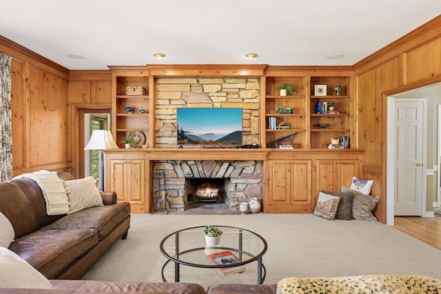 4803 Chantrey Pl, Minnetonka, MN 55345 - living room with a fireplace, wood walls, and ornamental molding