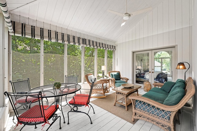 4803 Chantrey Pl, Minnetonka, MN 55345 - sunroom / solarium featuring french doors, a ceiling fan, lofted ceiling, and outdoor dining space