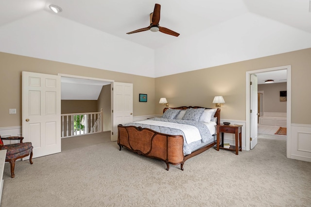 4803 Chantrey Pl, Minnetonka, MN 55345 - bedroom with lofted ceiling, light colored carpet, wainscoting, and a ceiling fan