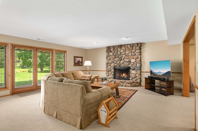 4803 Chantrey Pl, Minnetonka, MN 55345 - living area featuring carpet, a stone fireplace, and a textured ceiling