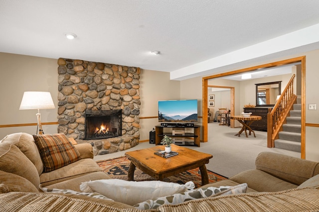 4803 Chantrey Pl, Minnetonka, MN 55345 - living room with a stone fireplace, carpet, and stairway