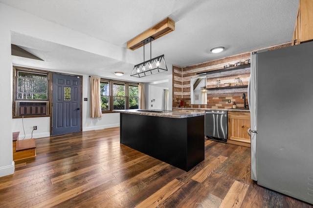 3322 277th Ave NW, Stanford Twp, MN 55040 - kitchen with stainless steel appliances, a center island, dark wood-type flooring, pendant lighting, and open shelves