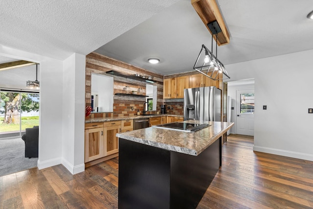 3322 277th Ave NW, Stanford Twp, MN 55040 - kitchen featuring appliances with stainless steel finishes, dark wood-style floors, decorative backsplash, open shelves, and a center island