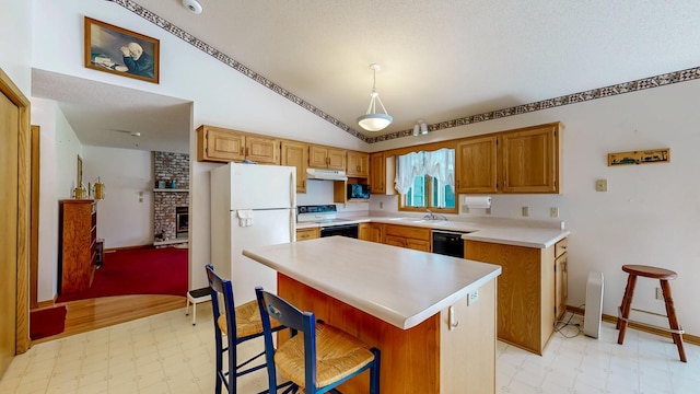 120 6th St SW, Chatfield, MN 55923 - kitchen with range with electric cooktop, freestanding refrigerator, light floors, under cabinet range hood, and lofted ceiling