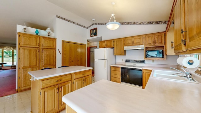 120 6th St SW, Chatfield, MN 55923 - kitchen with white appliances, under cabinet range hood, light countertops, light floors, and high vaulted ceiling
