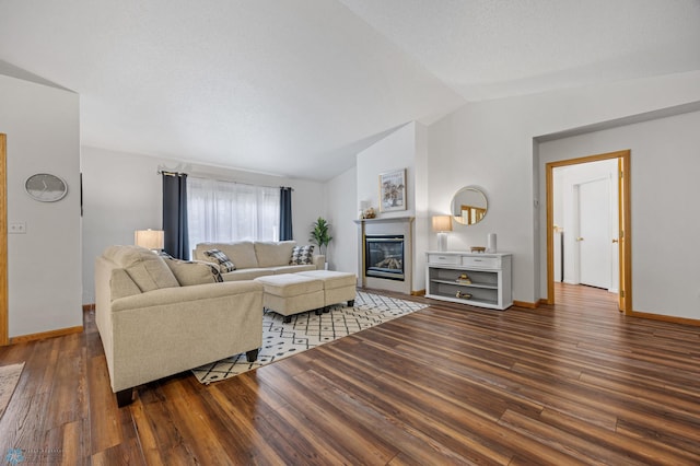 3437 26th Ave S, Fargo, ND 58103 - living area featuring lofted ceiling, wood finished floors, and a glass covered fireplace