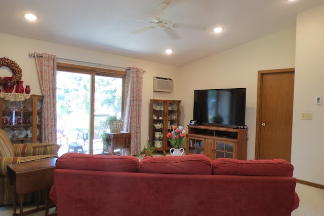 912 3rd St N Unit 7, Cold Spring, MN 56320 - living area with a wall mounted AC, vaulted ceiling, recessed lighting, ceiling fan, and carpet floors
