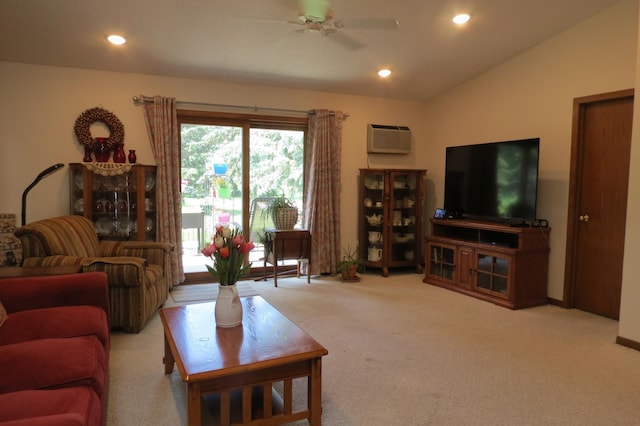 912 3rd St N Unit 7, Cold Spring, MN 56320 - living room with ceiling fan, carpet, recessed lighting, a wall unit AC, and lofted ceiling
