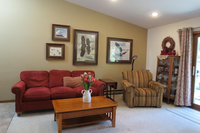 912 3rd St N Unit 7, Cold Spring, MN 56320 - living area featuring vaulted ceiling, a baseboard radiator, light colored carpet, healthy amount of natural light, and recessed lighting