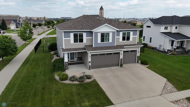 708 30th Ter E, West Fargo, ND 58078 - view of front of house with a shingled roof, a garage, concrete driveway, a residential view, and stone siding