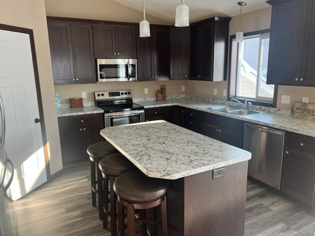 23648 Lily St NW, Saint Francis, MN 55070 - kitchen with stainless steel appliances, light wood finished floors, a center island, lofted ceiling, and a breakfast bar