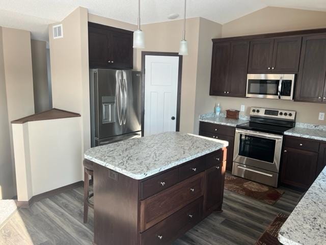 23648 Lily St NW, Saint Francis, MN 55070 - kitchen with appliances with stainless steel finishes, dark wood-style floors, dark brown cabinetry, light stone counters, and lofted ceiling
