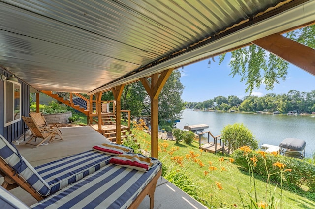 13491 80th St NW, Annandale, MN 55302 - view of patio / terrace with a water view, stairs, and a dock