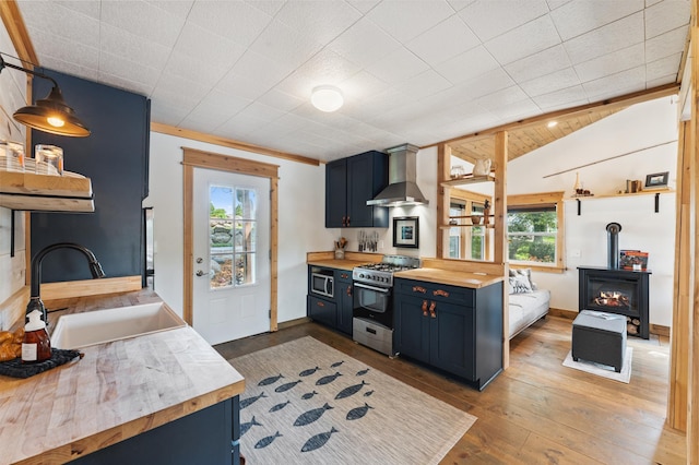 13491 80th St NW, Annandale, MN 55302 - kitchen featuring appliances with stainless steel finishes, wall chimney exhaust hood, wood counters, blue cabinetry, and plenty of natural light