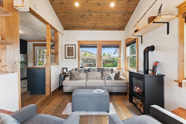 13491 80th St NW, Annandale, MN 55302 - living room with hardwood / wood-style flooring, vaulted ceiling, a wood stove, and wooden ceiling