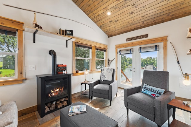 13491 80th St NW, Annandale, MN 55302 - living area featuring wooden ceiling, wood-type flooring, french doors, recessed lighting, and high vaulted ceiling